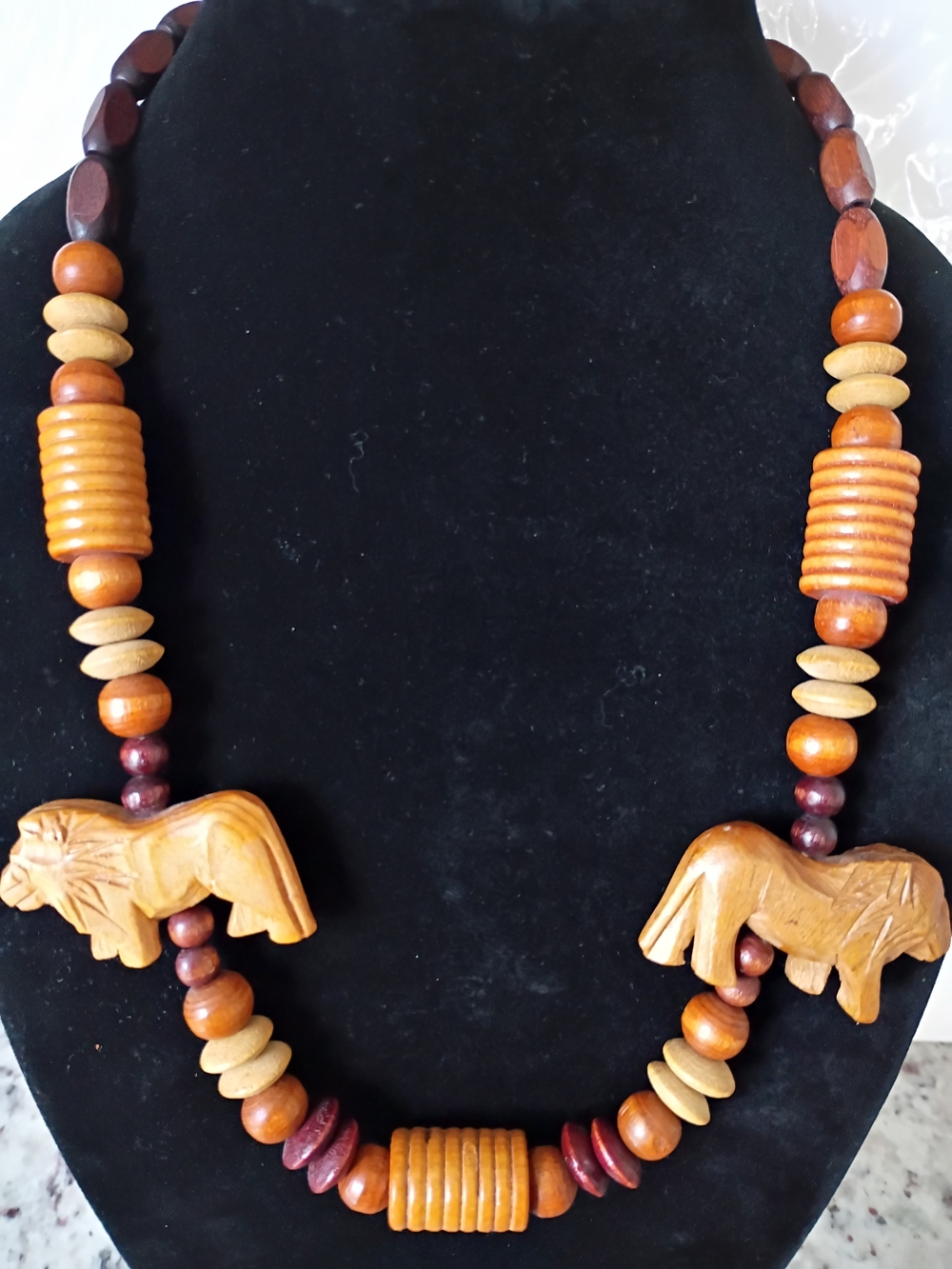 Vintage African Wooden Elephant Bead Necklace Hand Carved